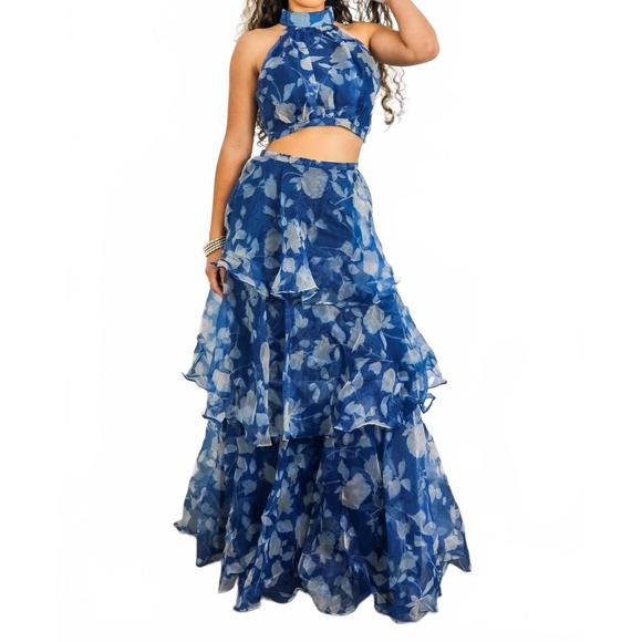 SURELYMINE Dresses & Skirts - NEW SURELYMINE tiered ruffle two-piece set halter crop top & maxi skirt in blue